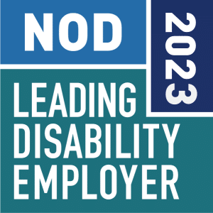 NOD Leading Disability Employer 2023 written in a variety of teal sections, making a square.